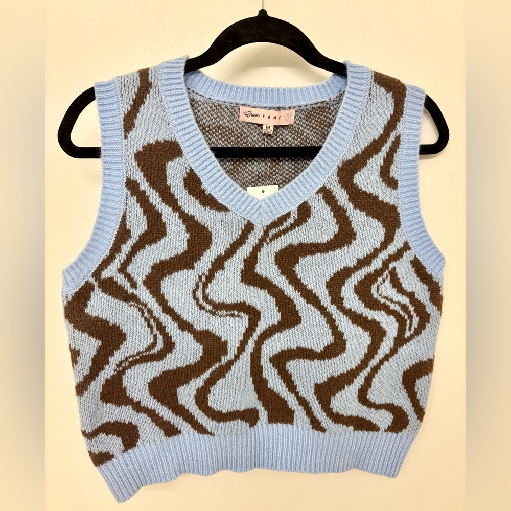 Crave Fame Blue and Brown cropped V-Neck Sweater Vest